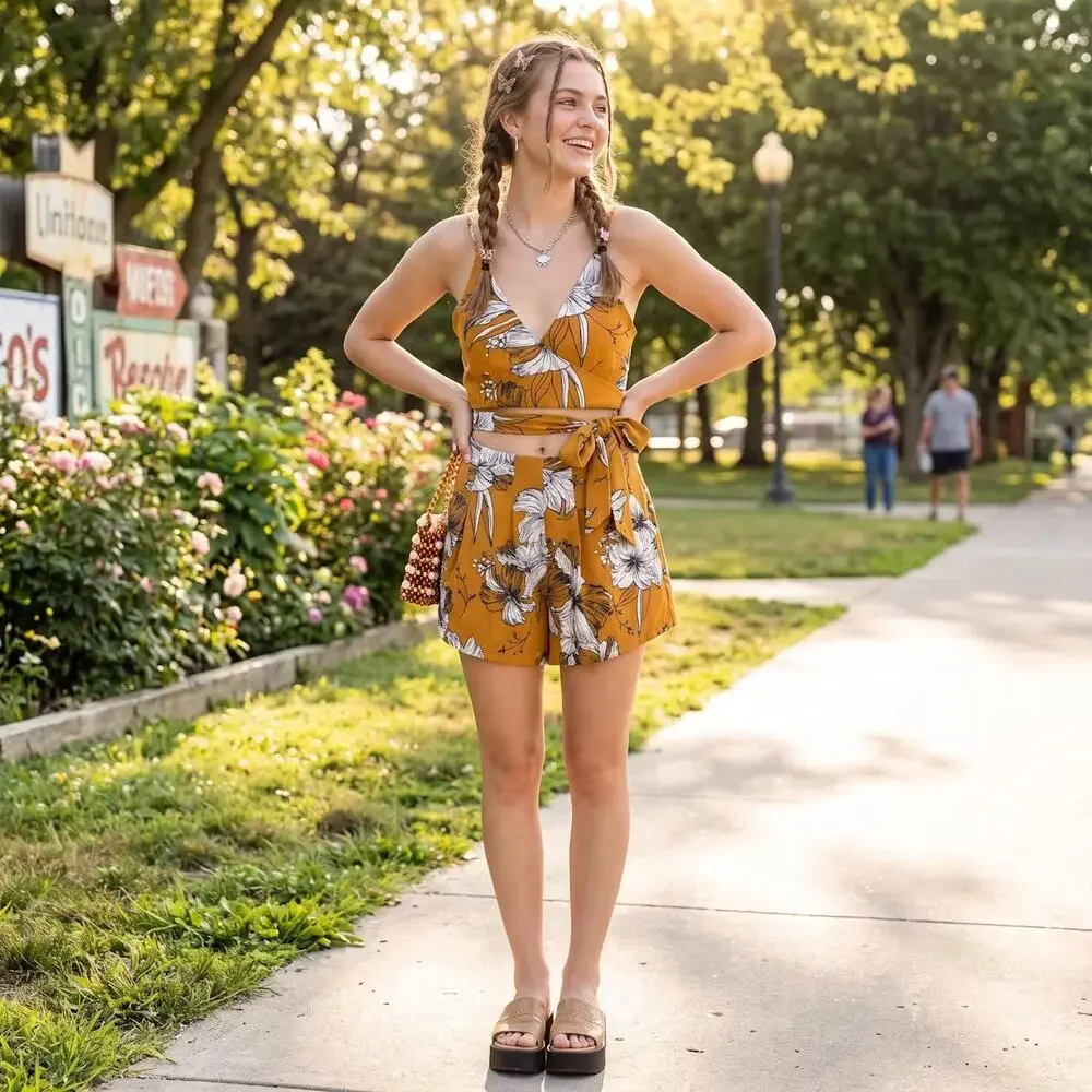 Yellow Floral Two-Piece Matching summer set Wrap Crop Top & Pleated Shorts Small